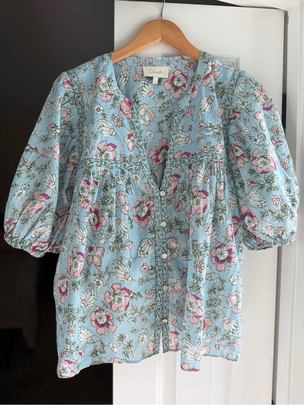 Cleobella Sky-Blue Floral Button-Front Puff Sleeve Blouse